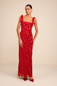 Ramsey Red Embroidered Tie-Strap Maxi Dress 1