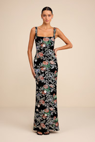 Camesha Black Multi Floral Velvet Sequin Maxi Dress 1