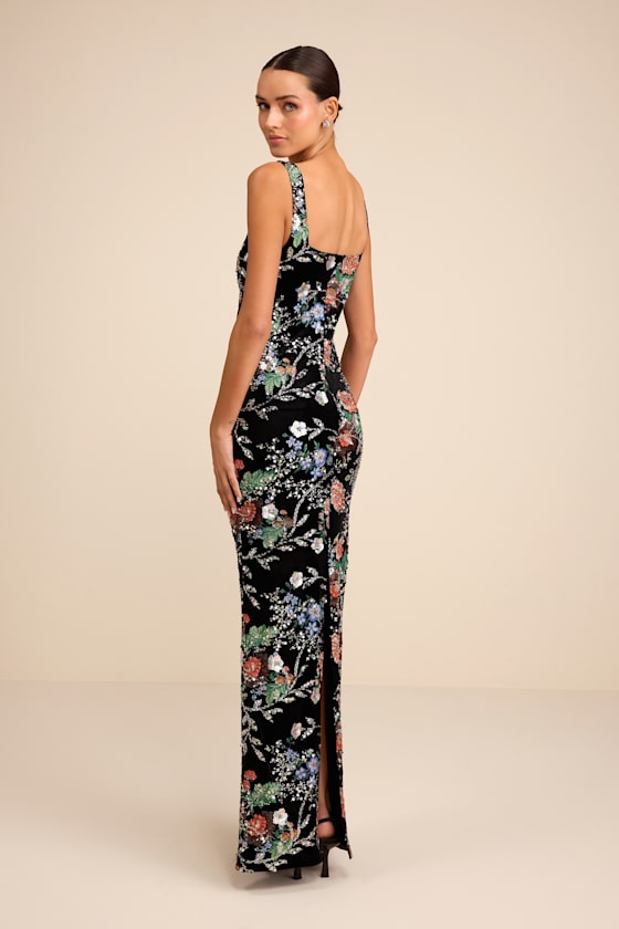 Camesha Black Multi Floral Velvet Sequin Maxi Dress - thumbnail 3