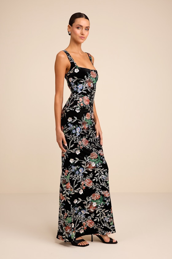 Camesha Black Multi Floral Velvet Sequin Maxi Dress - thumbnail 4