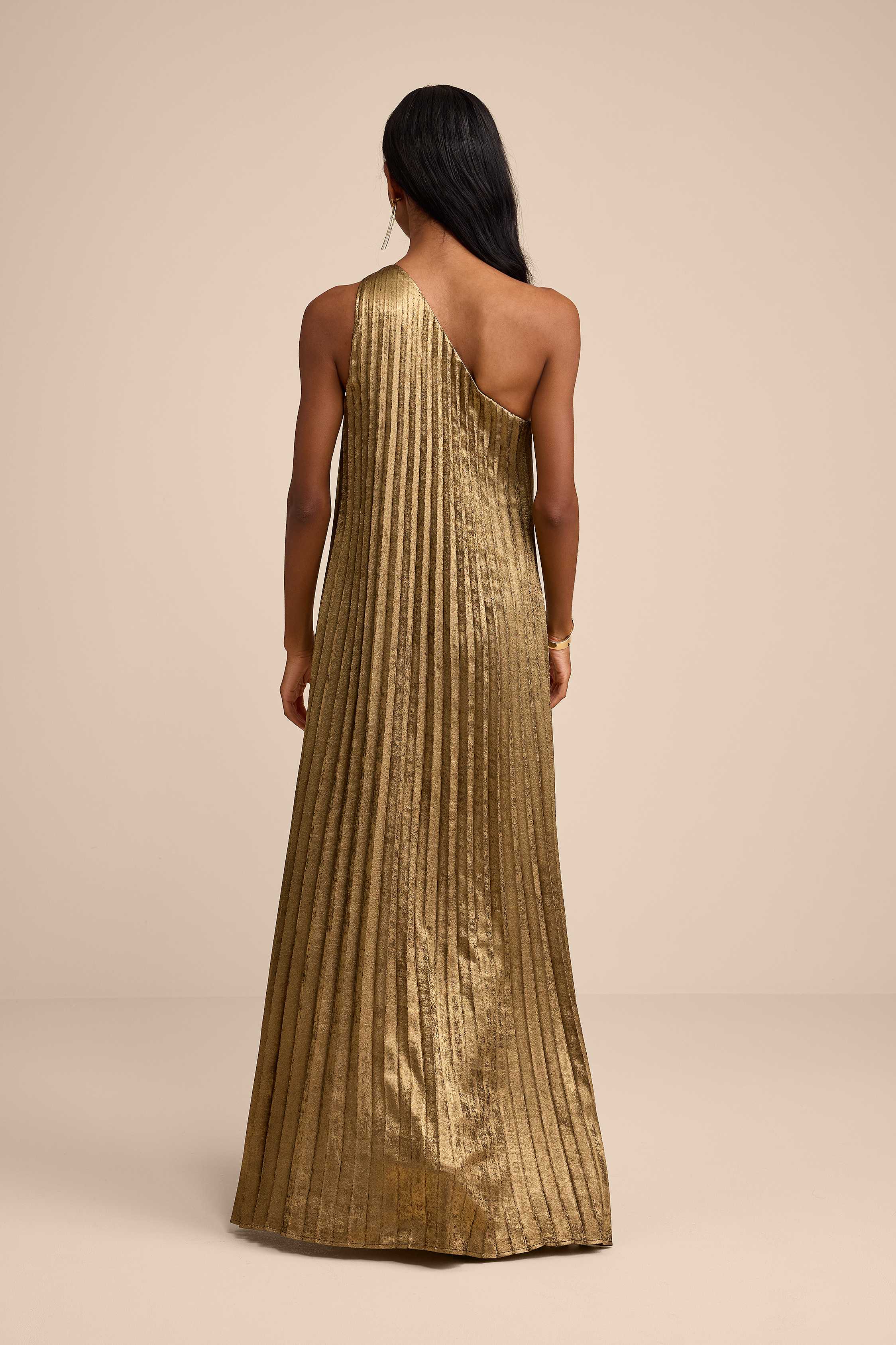 Averette Bronze Metallic Pleated One-Shoulder Maxi Dress