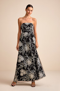 Tisdale Black and Silver Embroidered Strapless Maxi Dress 1