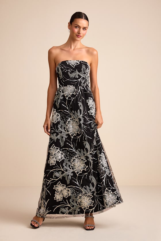 Tisdale Black and Silver Embroidered Strapless Maxi Dress 1