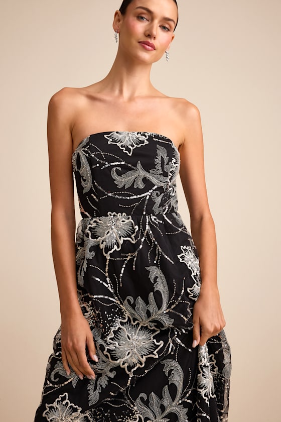 Tisdale Black and Silver Embroidered Strapless Maxi Dress 2