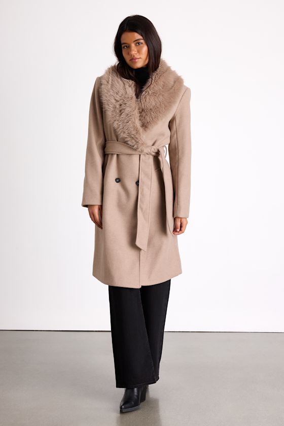 Cantrell Taupe Double-Breasted Faux Fur Coat 1