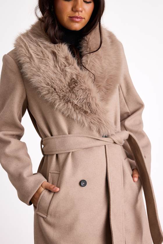 Cantrell Taupe Double-Breasted Faux Fur Coat 2