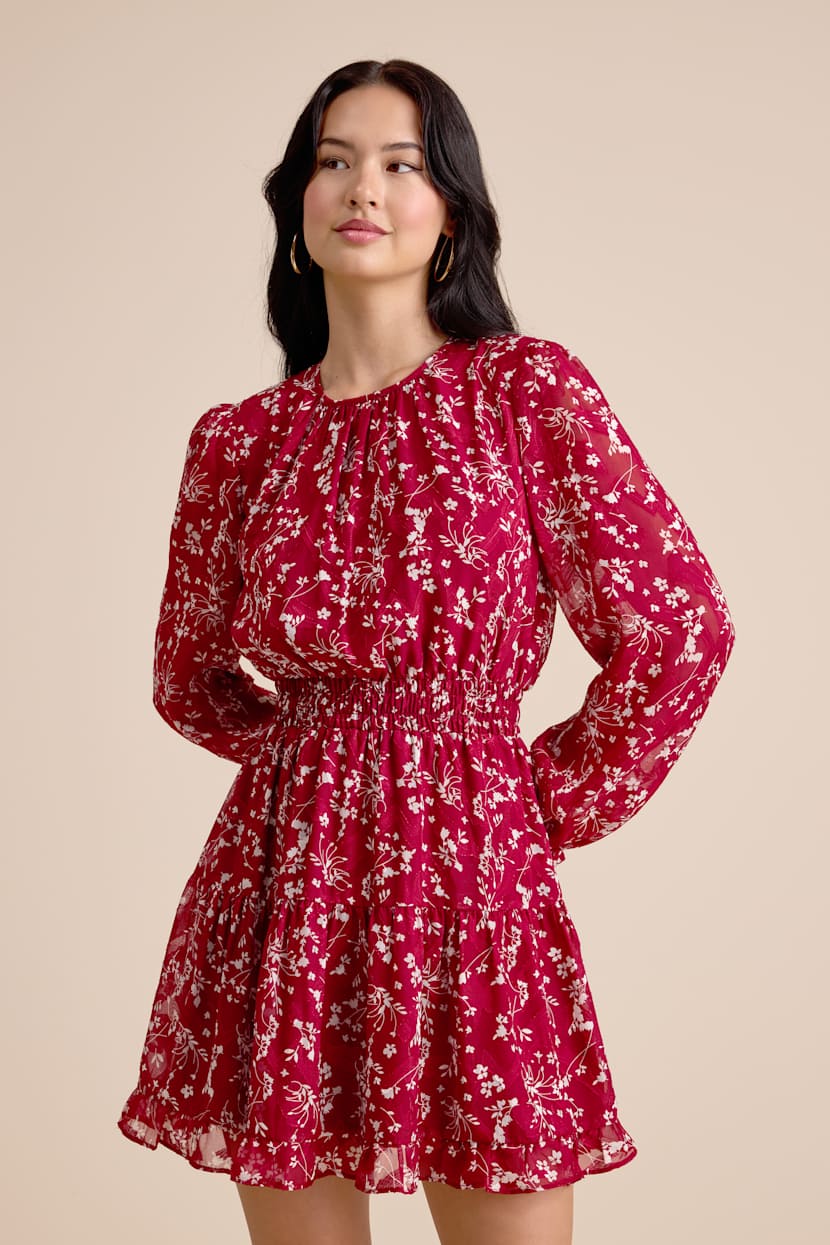 knee length dresses for ladies PRETTYGARDEN Women's Fall Fashion Floral Long Sleeve Mini Dress Mesh B main image 0