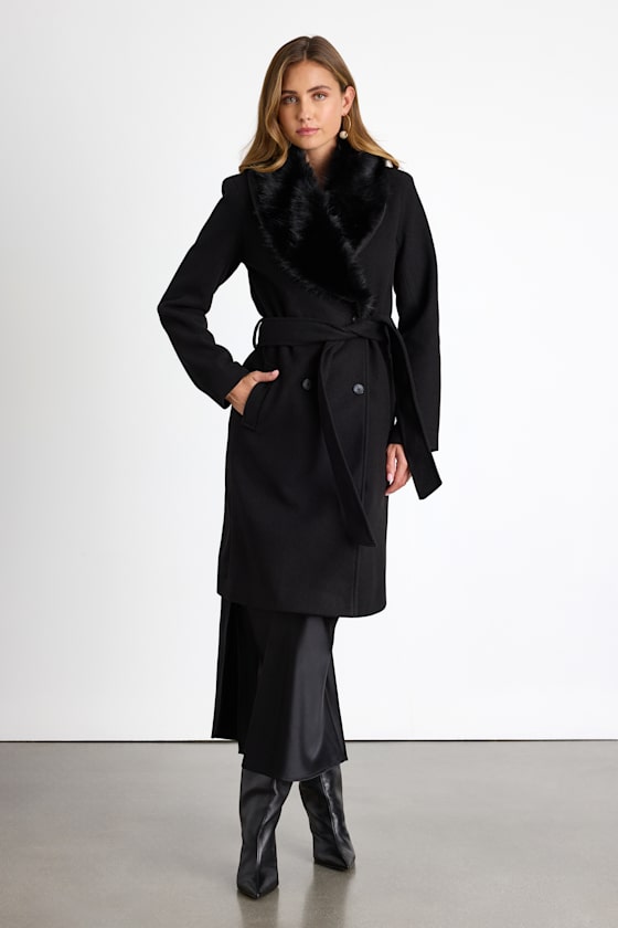 ❤️レア❗️TFW49『HANDSFREE COAT』❤️1piu1uguale3 Black Long Coat - Faux Fur Collar Coat - Double-Breasted Coat - Lulus