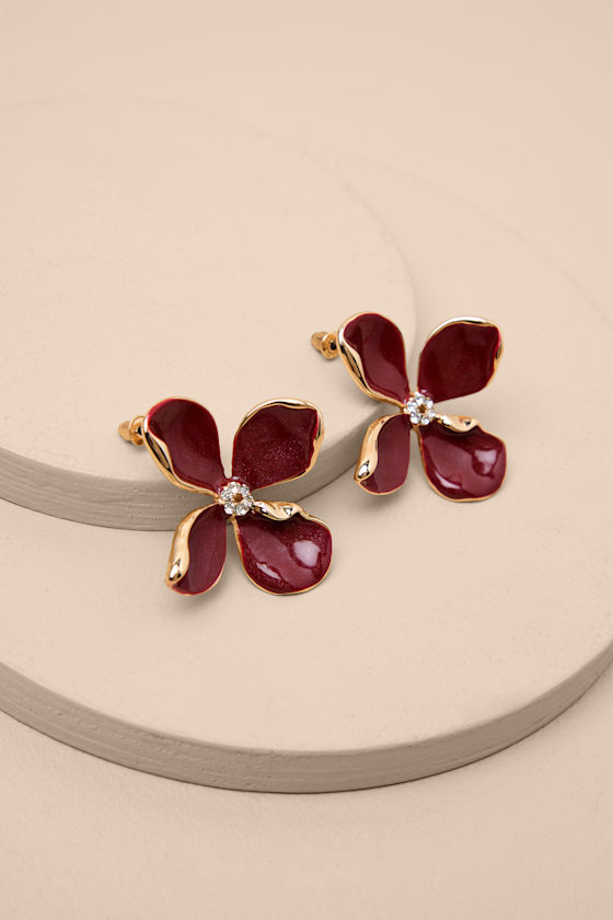 Jelsie Wine Red Flower Statement Earrings 1