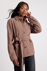 Kimley Beige Multi Plaid Belted Collared Jacket 1