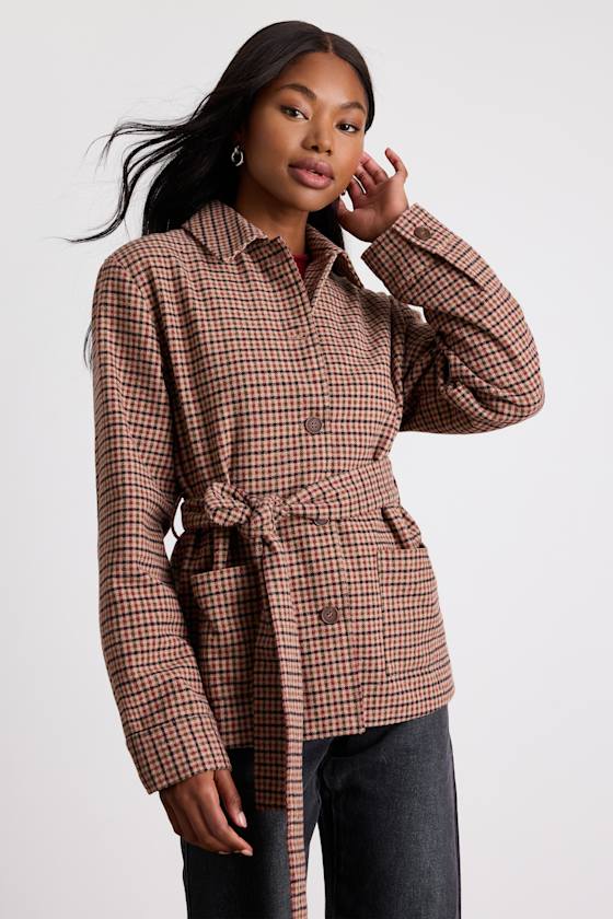 Kimley Beige Multi Plaid Belted Collared Jacket 1