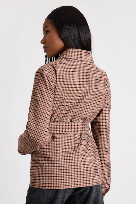 Kimley Beige Multi Plaid Belted Collared Jacket 4