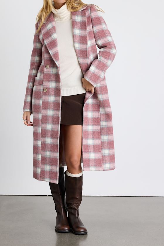 Juna Pink Multi Plaid Double-Breasted Coat 1