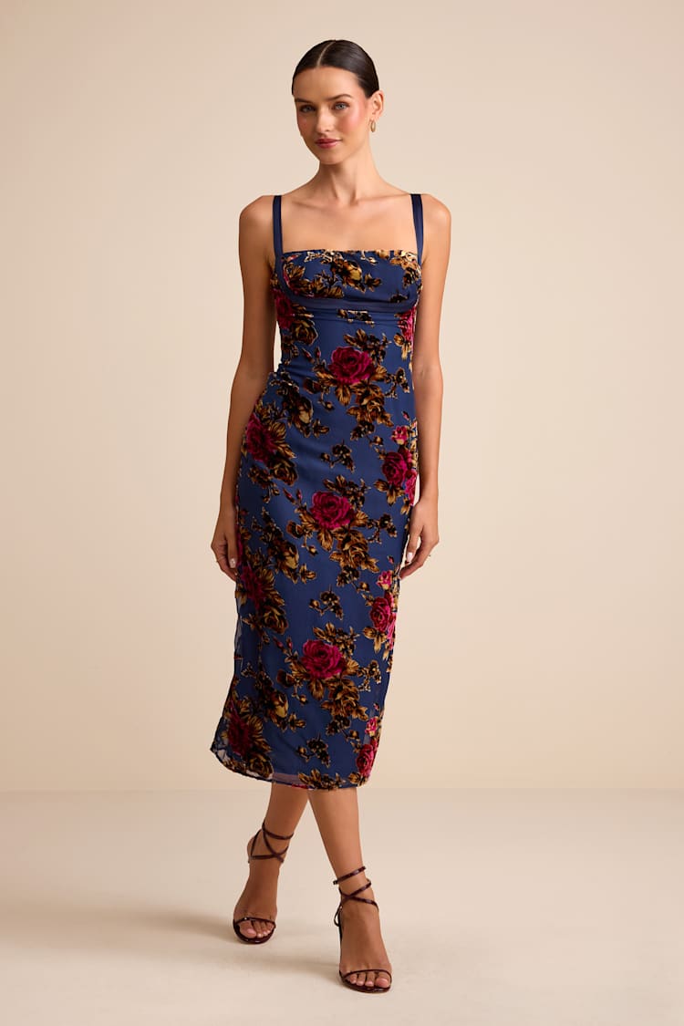 knee length dresses for ladies Oh-So-Chic Floral Velvet Burnout Midi Dress main image 0