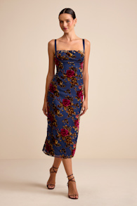 Tessa Navy Floral Jacquard Column Midi Dress 1