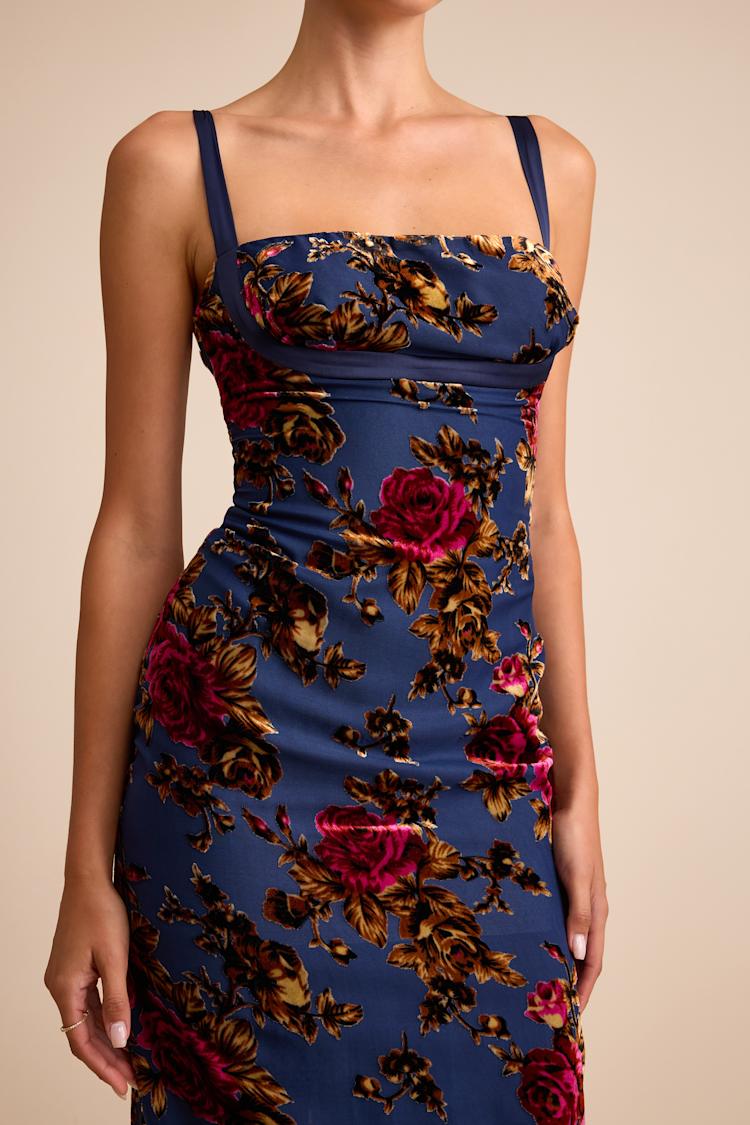 Tessa Navy Floral Jacquard Column Midi Dress