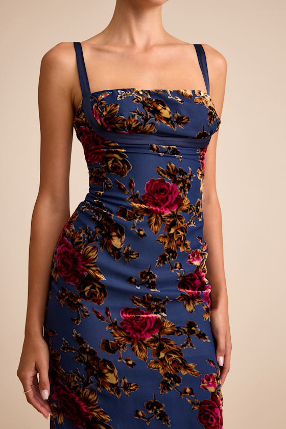 Tessa Navy Floral Jacquard Column Midi Dress