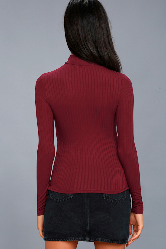 Cute Burgundy Top - Long Sleeve Top - Ribbed Knit Top
