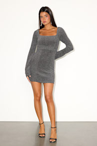 Starling Charcoal Grey Lurex Long Sleeve Mini Dress 4