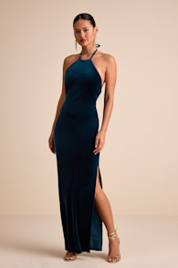 Emelina Dark Teal Velvet Halter Maxi Dress 1