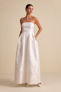 Laurelin White Jacquard Pleated Strapless Maxi Dress 1
