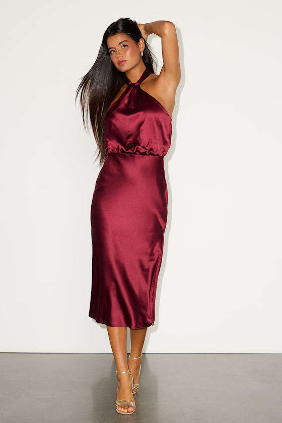 Image of Jacey Burgundy Satin Halter Midi Dress