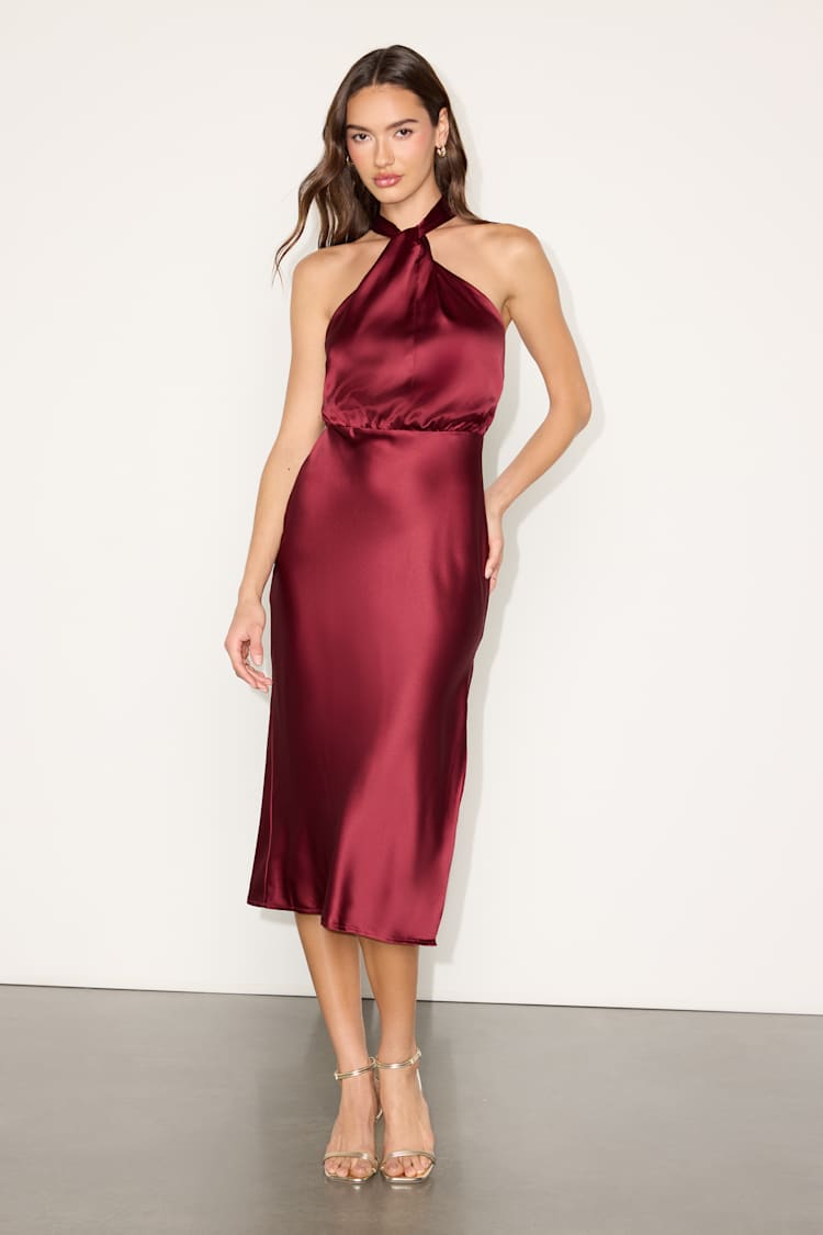 gold jewelry with burgundy dress Deep Burgundy Satin Long-Sleeve Wrap Midi-Dress main image 1