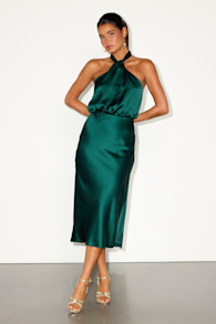Jacey Emerald Satin Halter Midi Dress 4