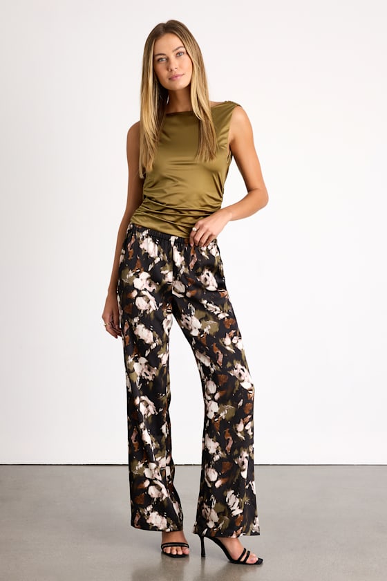 Moreau Black Satin Abstract Print Wide-Leg Pants 1