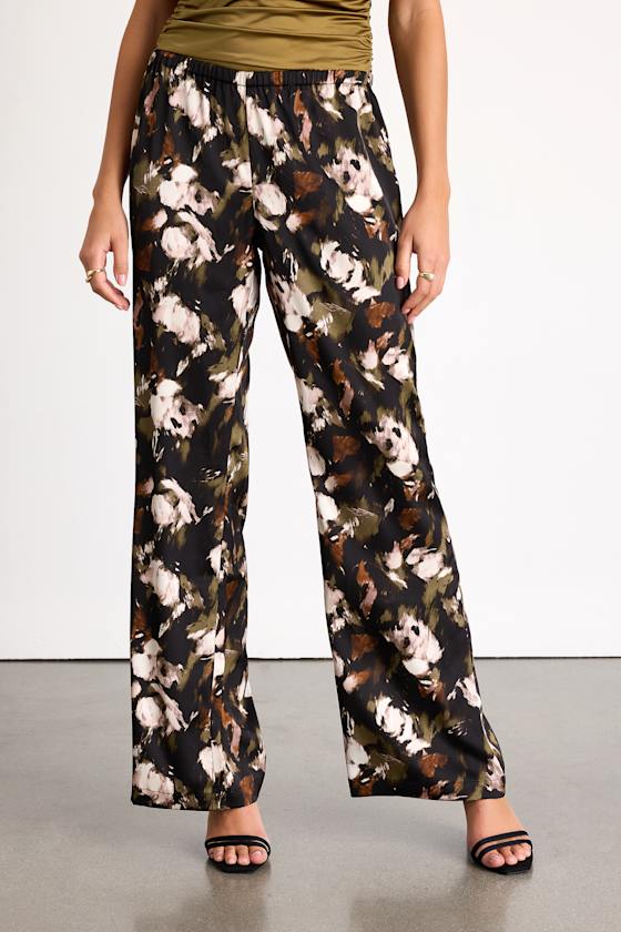 Moreau Black Satin Abstract Print Wide-Leg Pants 2