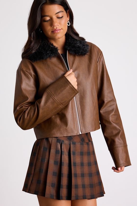 Valencia Brown Vegan Leather Faux Fur Jacket 1
