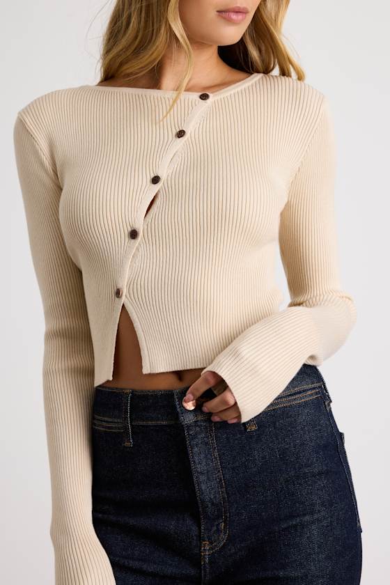 Paxlynn Beige Ribbed Asymmetrical Cardigan Top - thumbnail 5