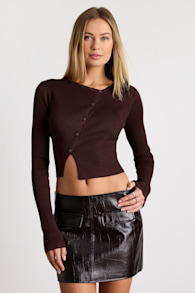 Paxlynn Dark Brown Ribbed Asymmetrical Cardigan Top 1