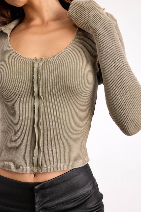 Kinslee Washed Olive Ribbed Seamed Long Sleeve Top 2