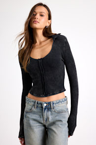 Kinslee Washed Black Ribbed Seamed Long Sleeve Top 1