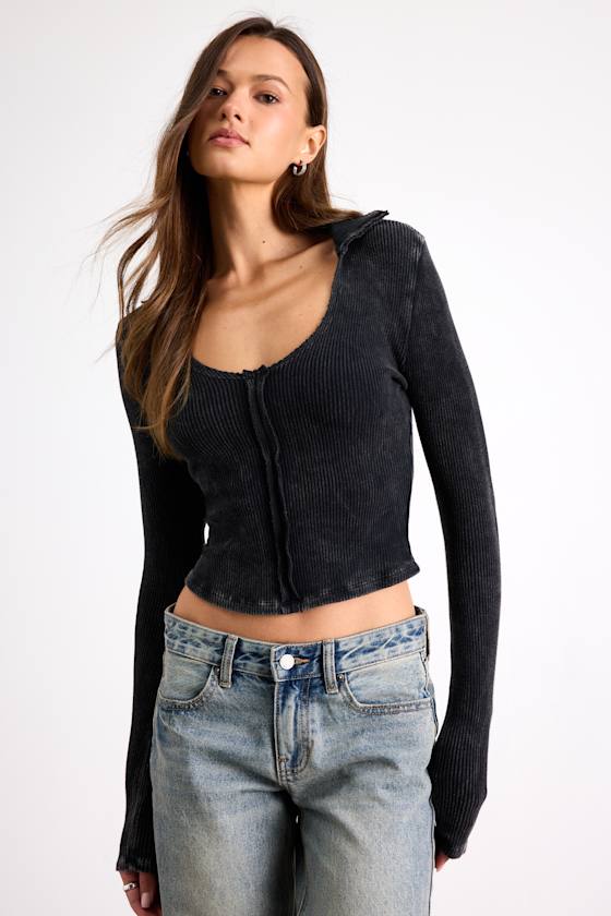 Kinslee Washed Black Ribbed Seamed Long Sleeve Top 1