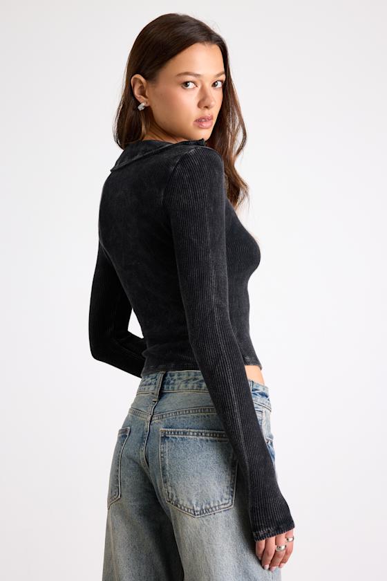 Kinslee Washed Black Ribbed Seamed Long Sleeve Top 2