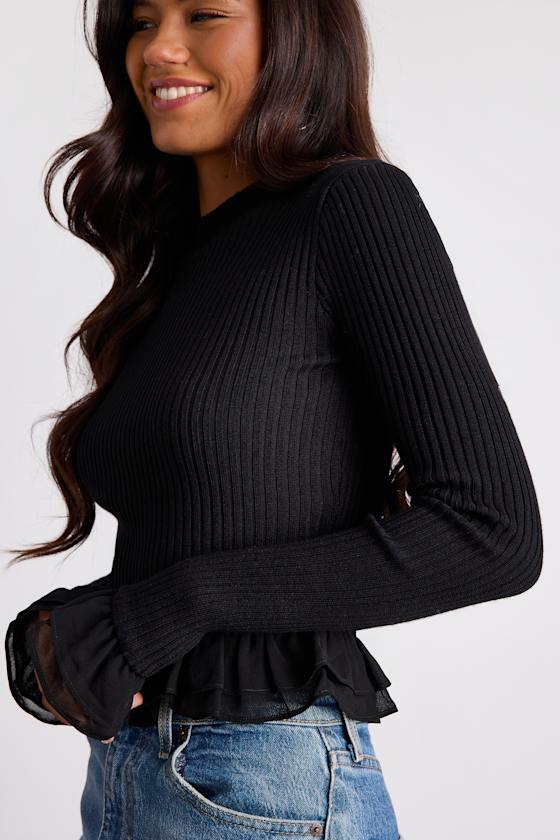 Avila Black Ribbed Knit Ruffled Sweater Top 1