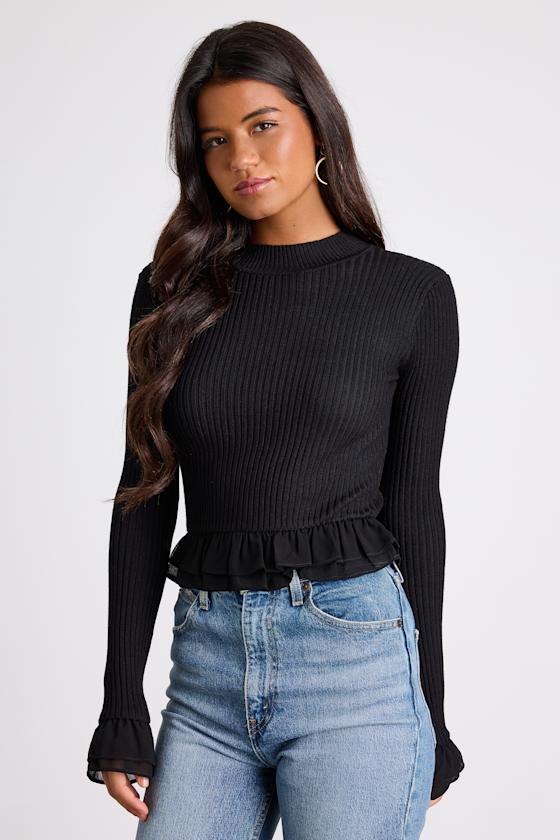 Avila Black Ribbed Knit Ruffled Sweater Top 2