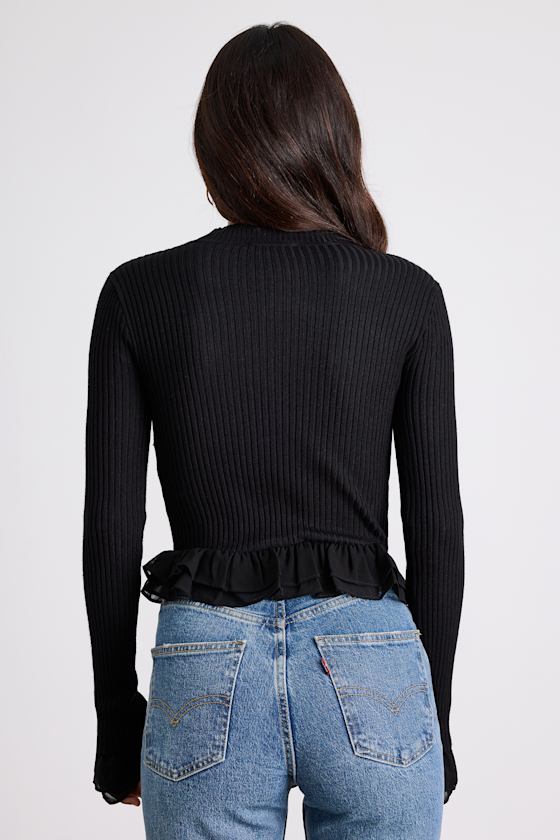 Avila Black Ribbed Knit Ruffled Sweater Top - thumbnail 3