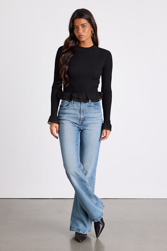 Avila Black Ribbed Knit Ruffled Sweater Top - thumbnail 4