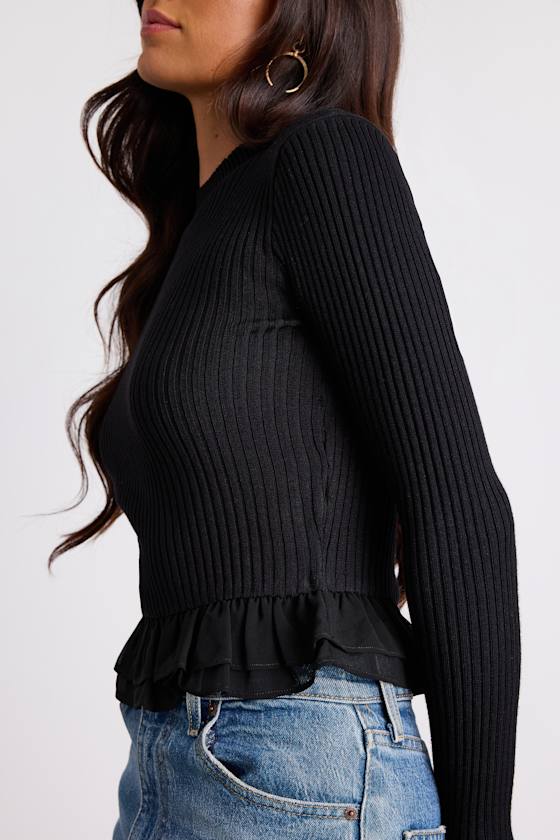 Avila Black Ribbed Knit Ruffled Sweater Top - thumbnail 5