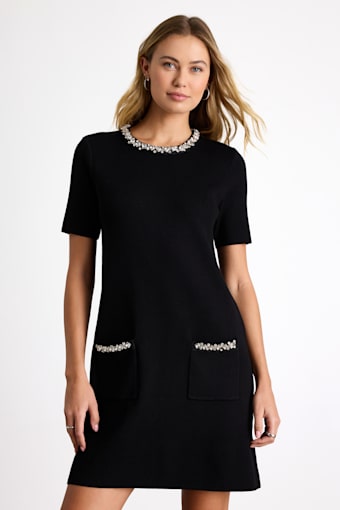 Hila Black Rhinestone Crew Neck Shift Sweater Dress 1