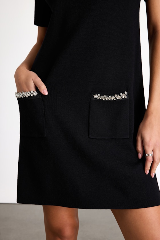 Hila Black Rhinestone Crew Neck Shift Sweater Dress 2