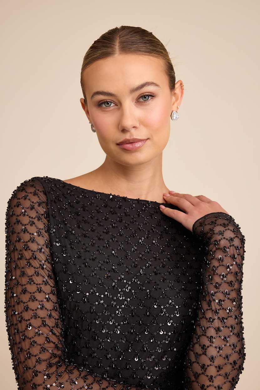 Jalira Black Mesh Sequin Backless Maxi Dress