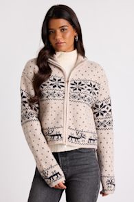 Sevenna Beige Fair Isle Zip-Front Cardigan Sweater 1
