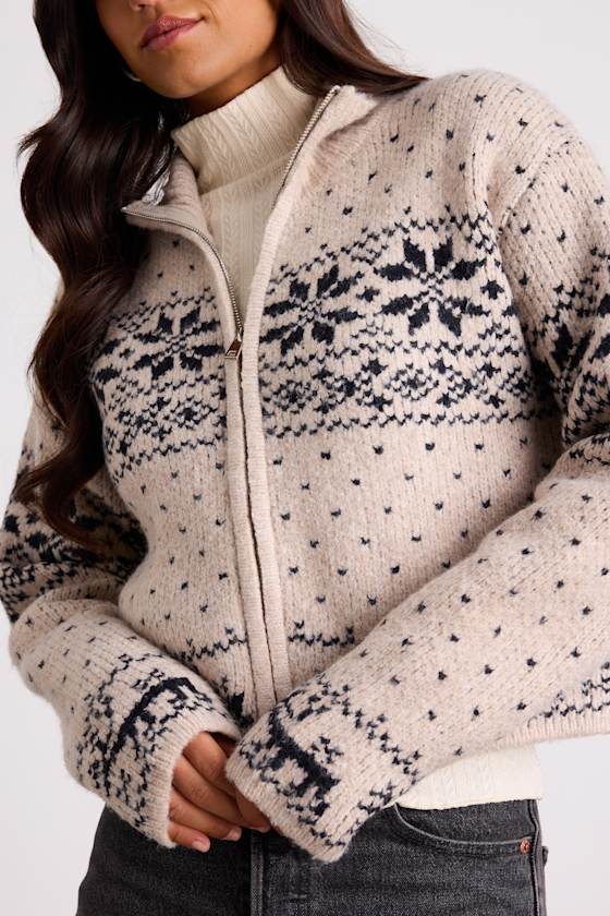 Sevenna Beige Fair Isle Zip-Front Cardigan Sweater 2