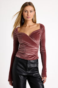 Tati Dark Mauve Velvet Surplice Long Sleeve Top 1