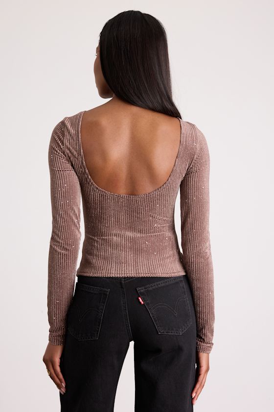 Gina Light Brown Shiny Velvet Long Sleeve Top 2
