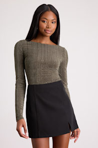 Gina Olive Green Shiny Velvet Long Sleeve Top 1